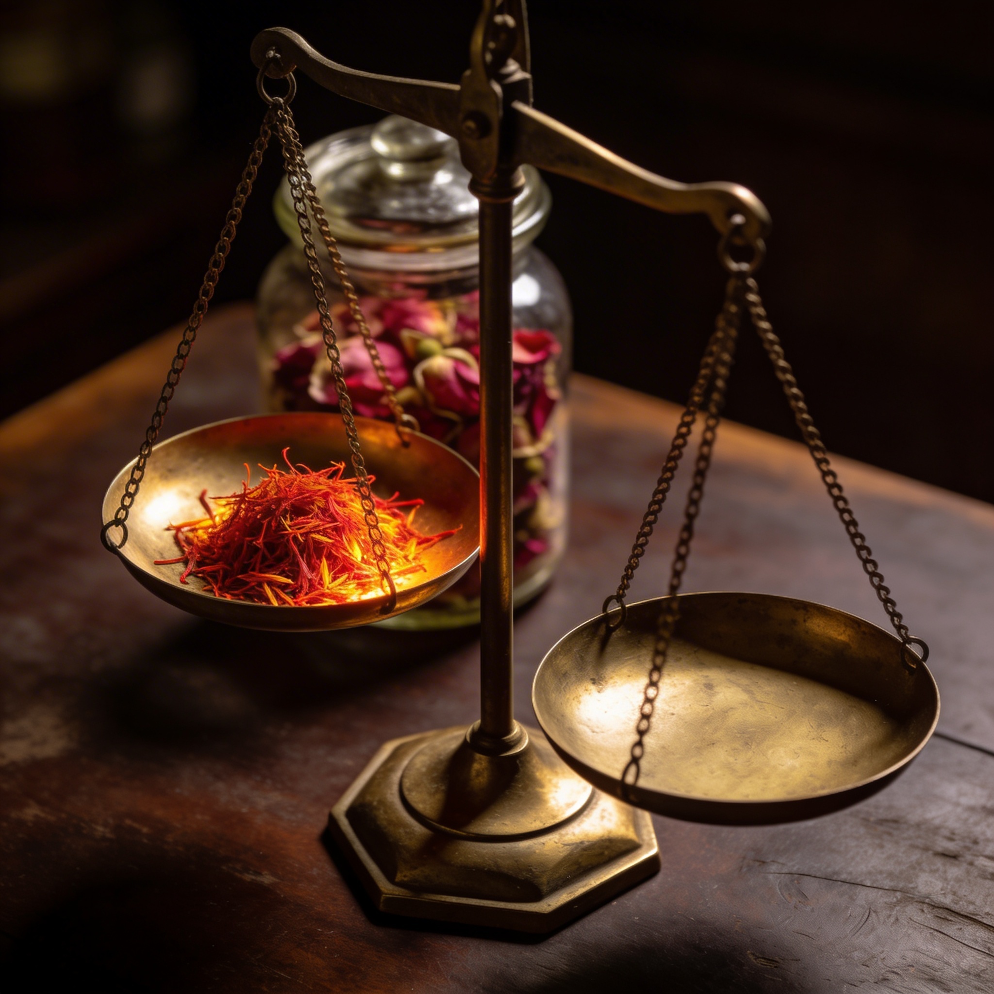 Antique brass weighing scales with saffron threads, glass jar of rose petals, warm dramatic side light