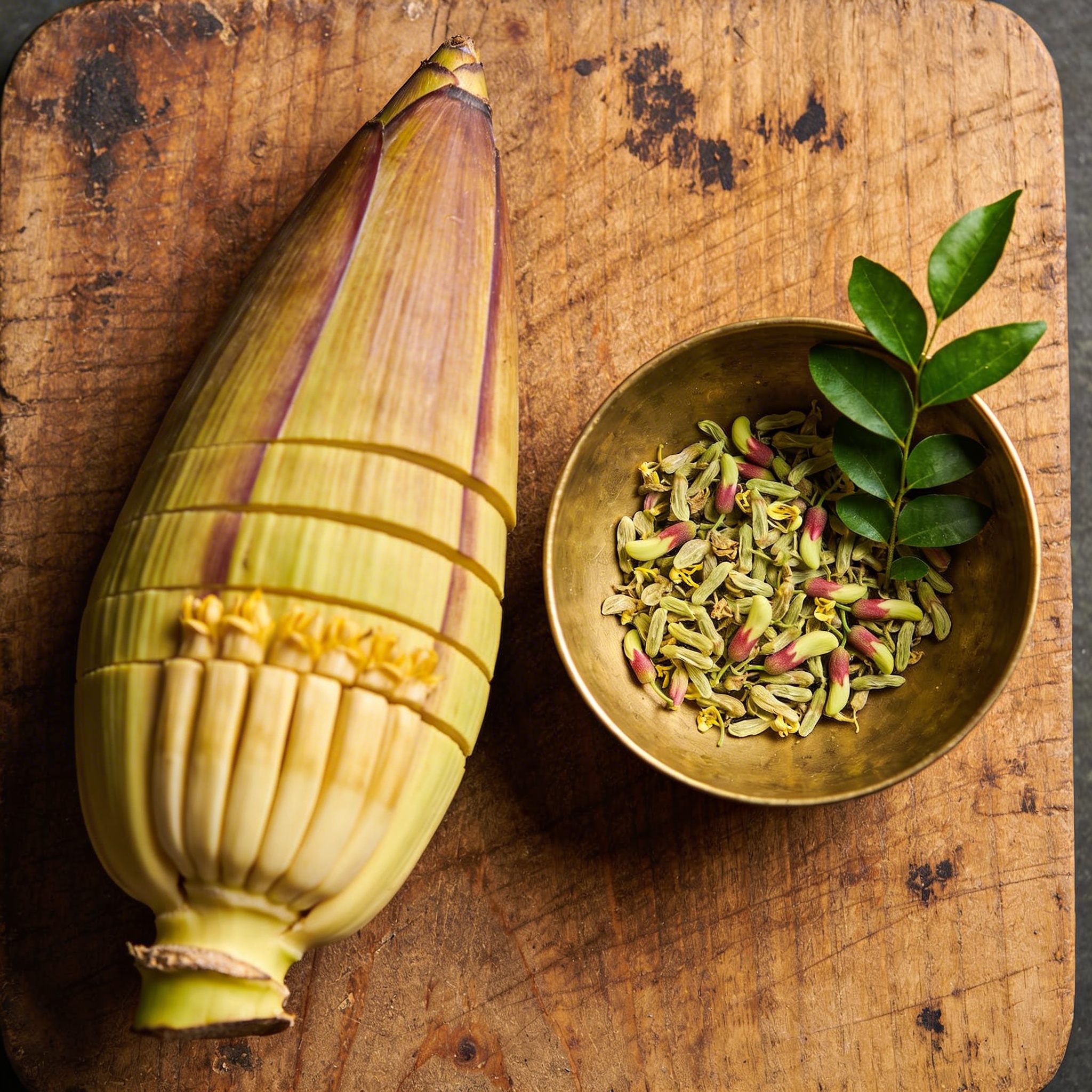 Banana blossom sliced on wooden cutting board, brass bowl of dried moringa flowers, curry leaves
