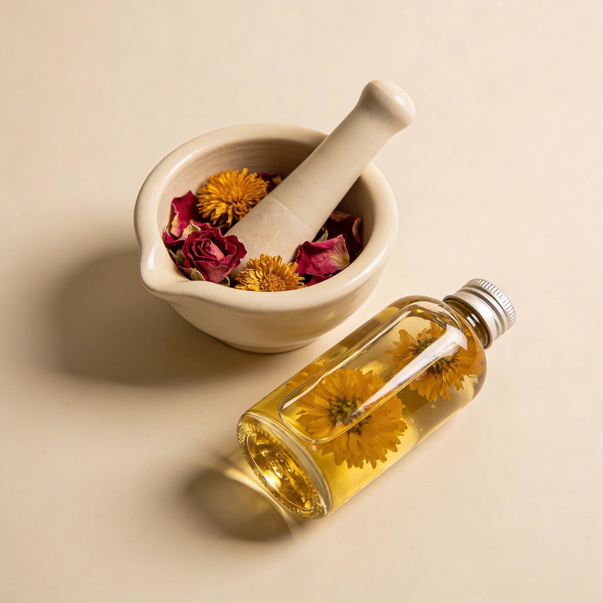 Ceramic mortar with dried rose petals and marigold flowers, beside glass bottle of flower-infused oil