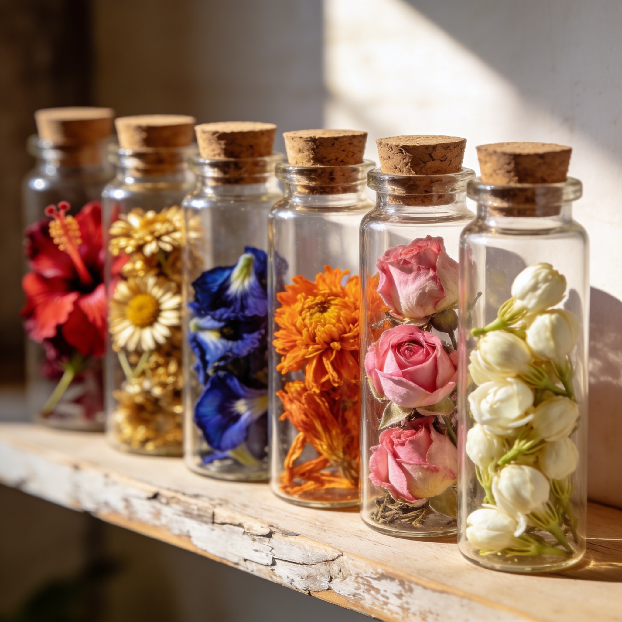 Six glass jars with cork stoppers on wooden shelf, each containing a different dried flower showing distinct colours