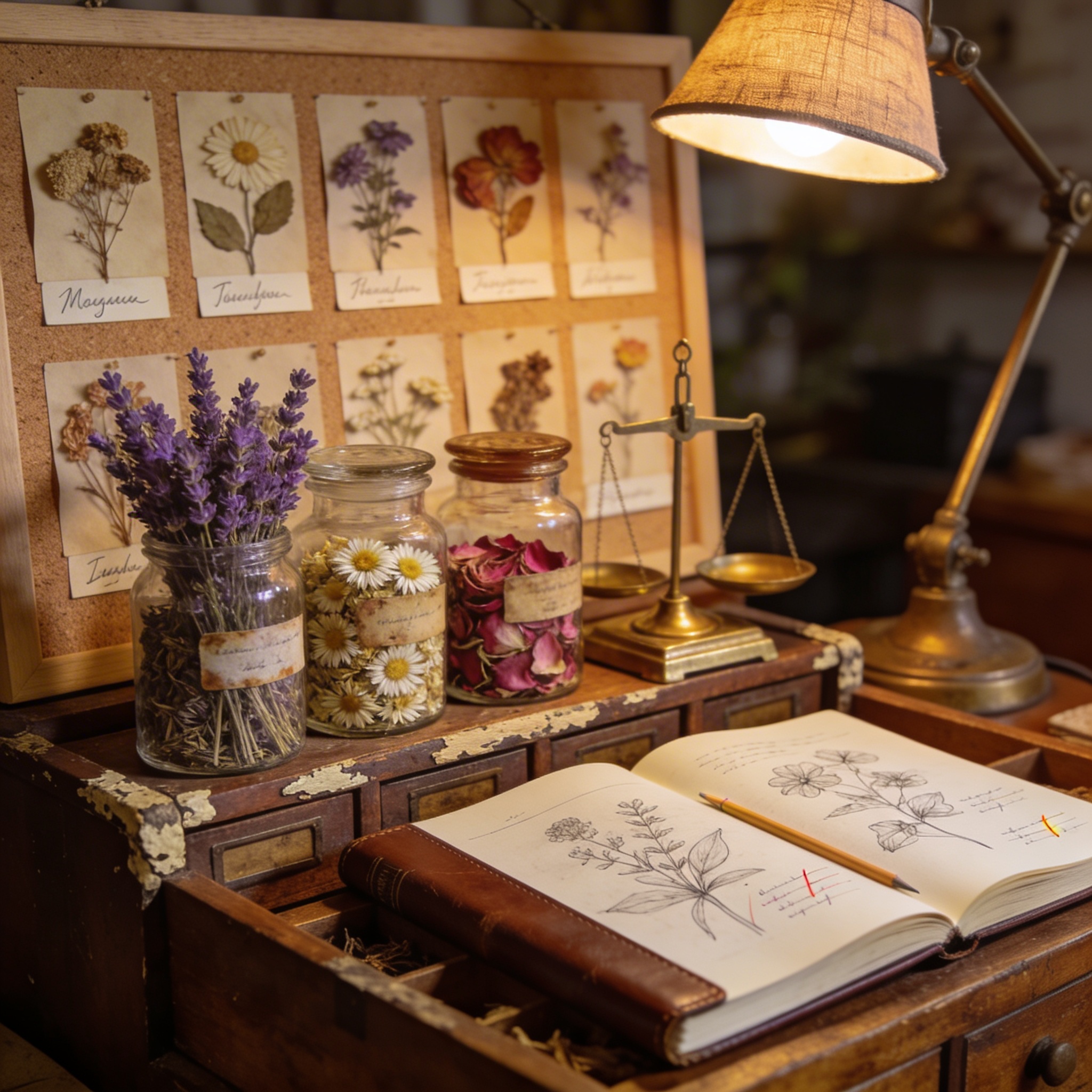 Apothecary desk with dried flowers