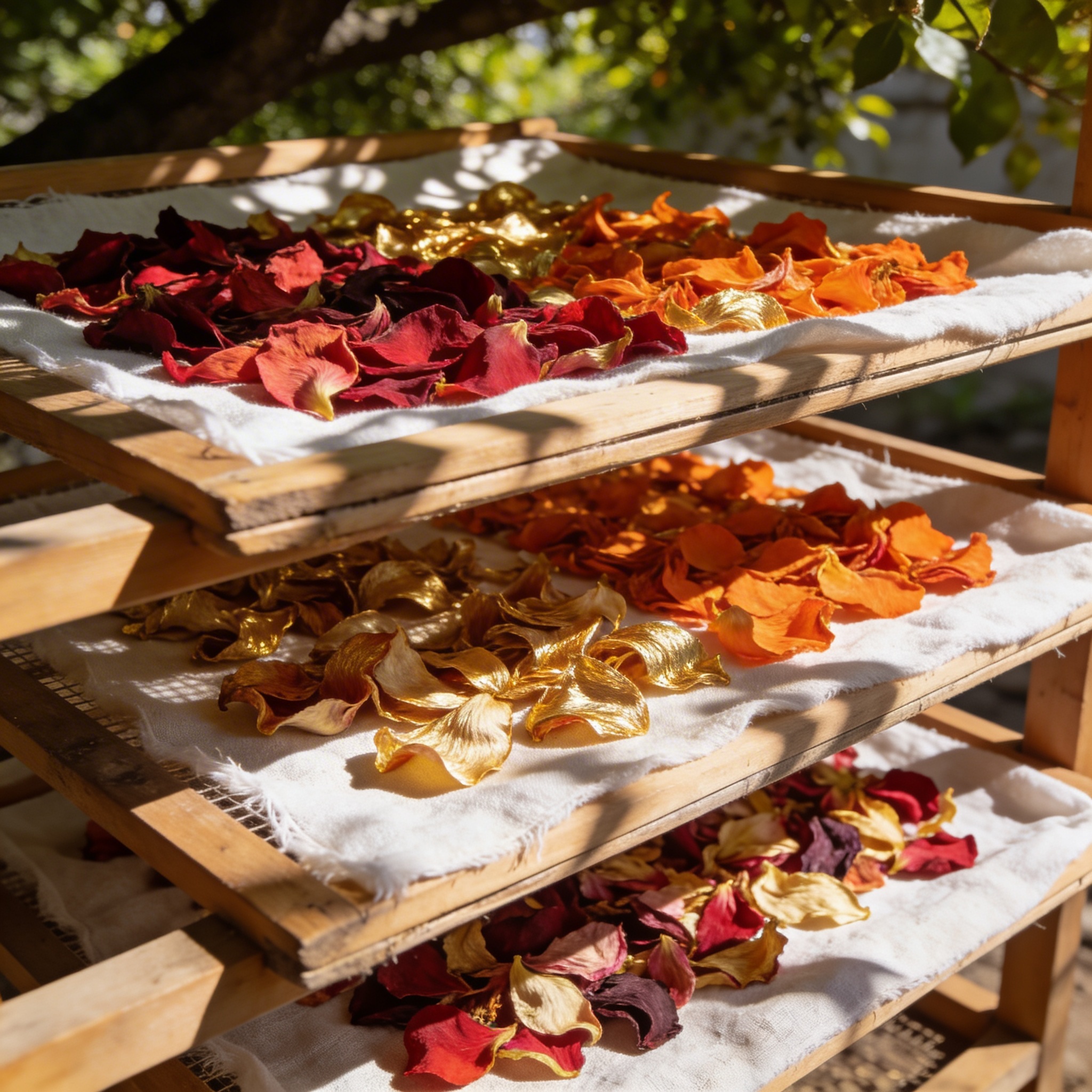Wooden drying rack with flower petals on cotton cloth, dappled shade from tree canopy, warm afternoon light