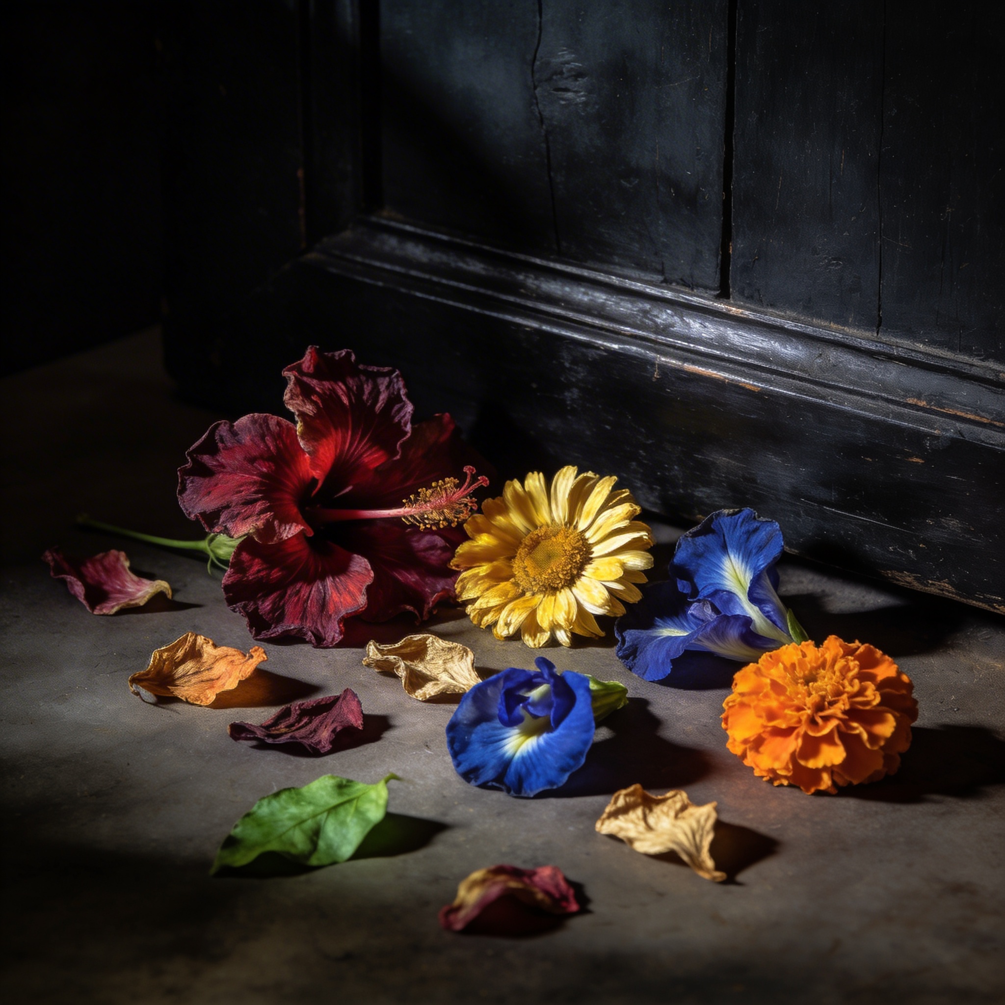 Dark moody composition of scattered dried flowers on near-black surface, hibiscus crimson, chamomile gold, butterfly pea indigo