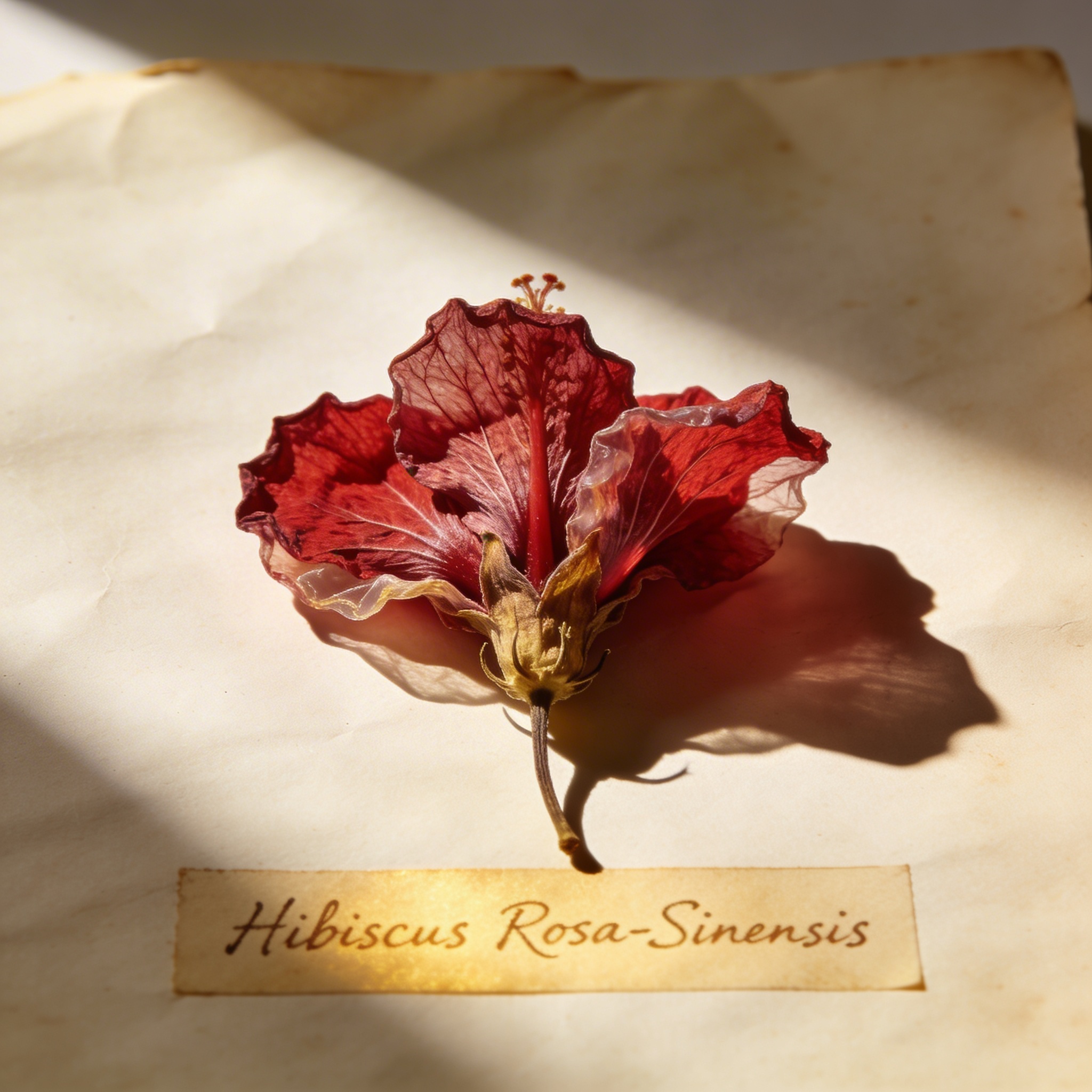 Single dried hibiscus flower on aged cream botanical paper, dramatic natural light casting a long shadow, deep crimson petals with crinkled translucent edges