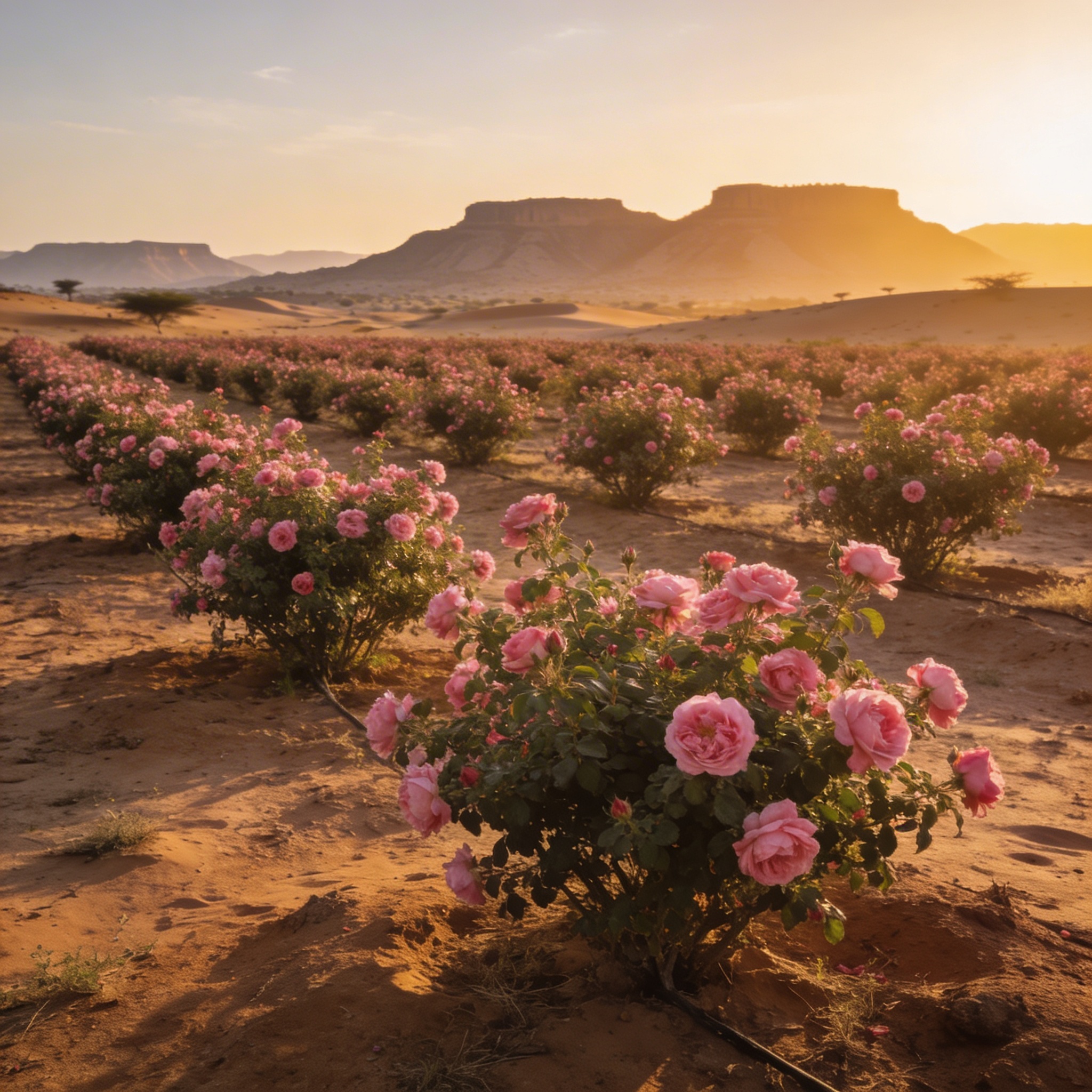 Pushkar desert landscape at dawn, rows of Damask rose bushes in pink bloom, Aravalli hills in distance