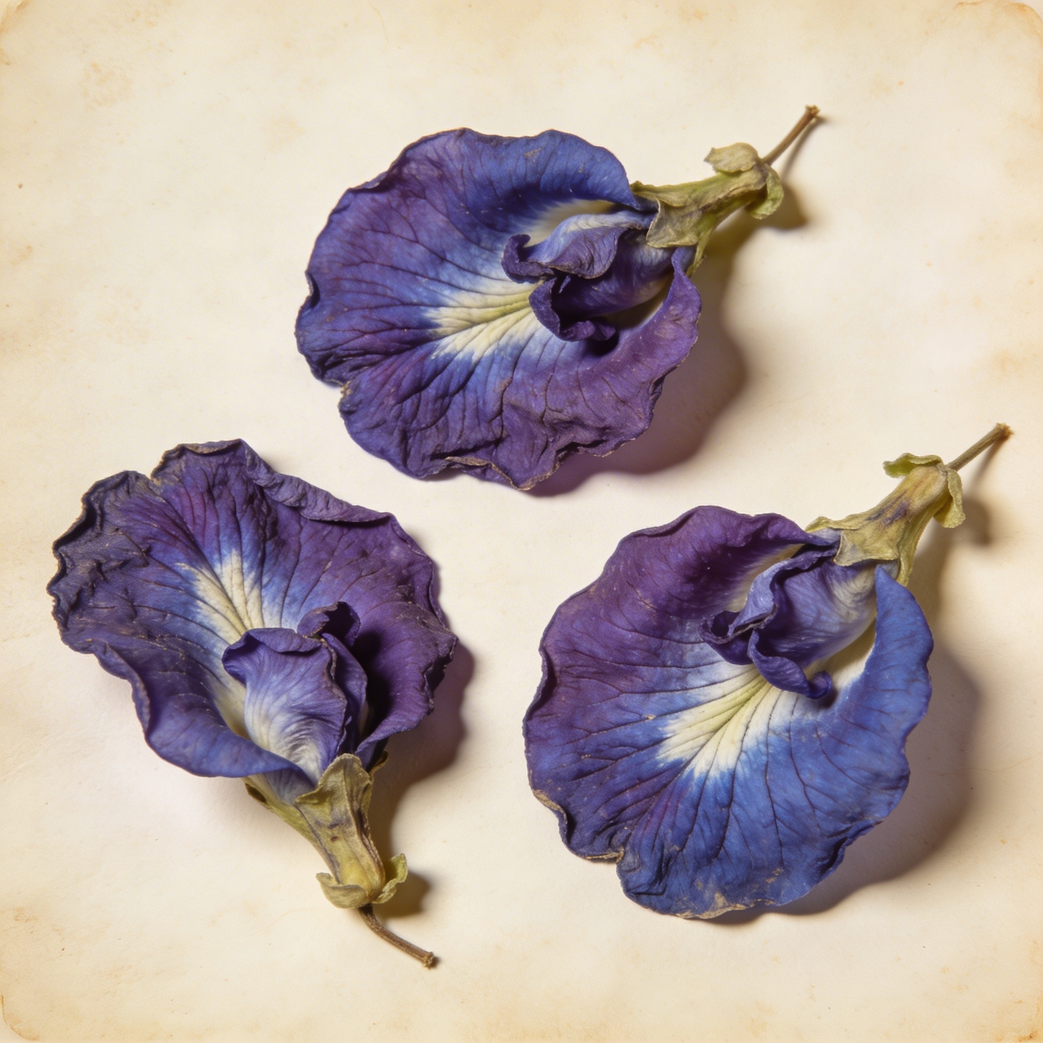 Dried butterfly pea flowers on cream paper, deep violet-blue