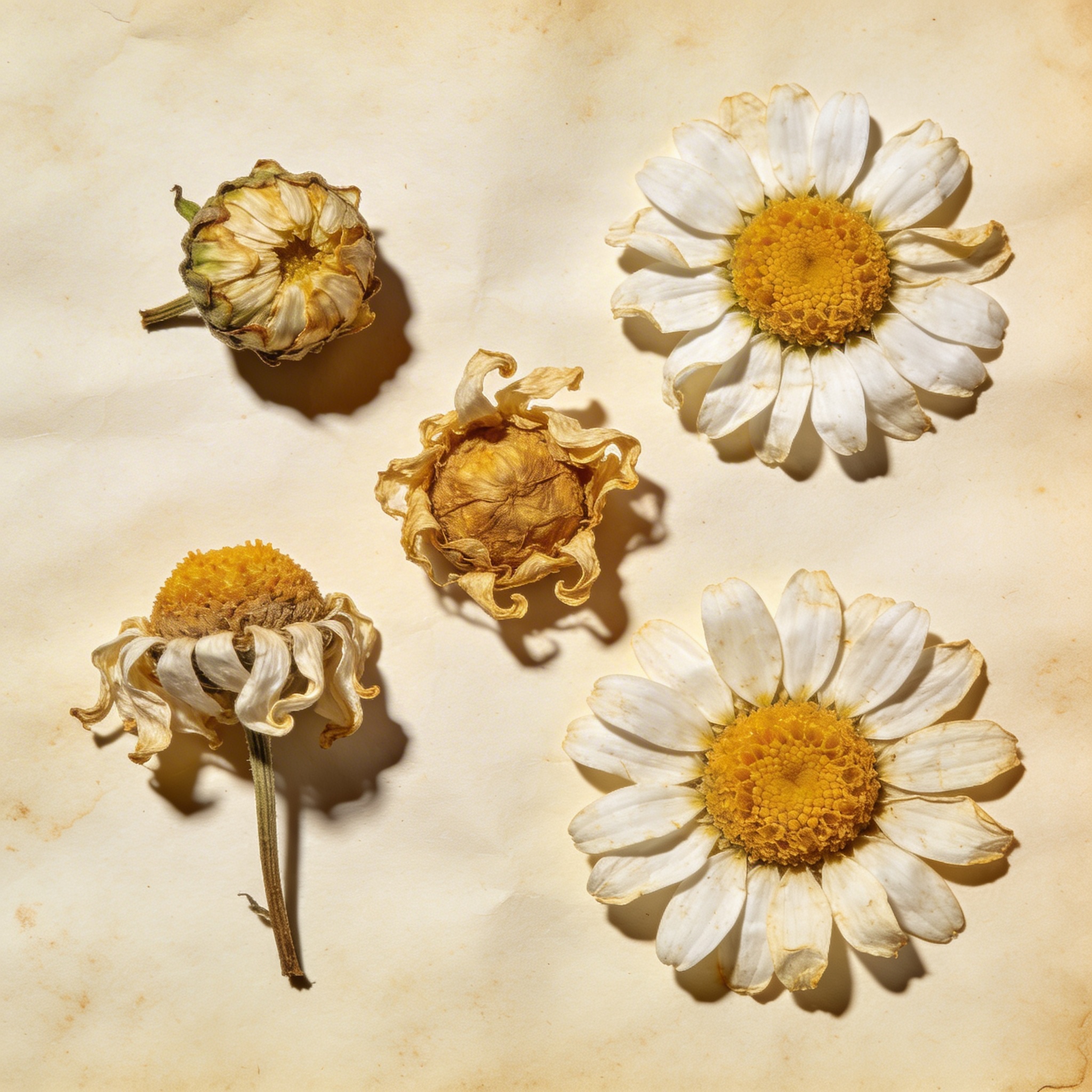 Dried chamomile flowers on cream paper, golden-yellow centres
