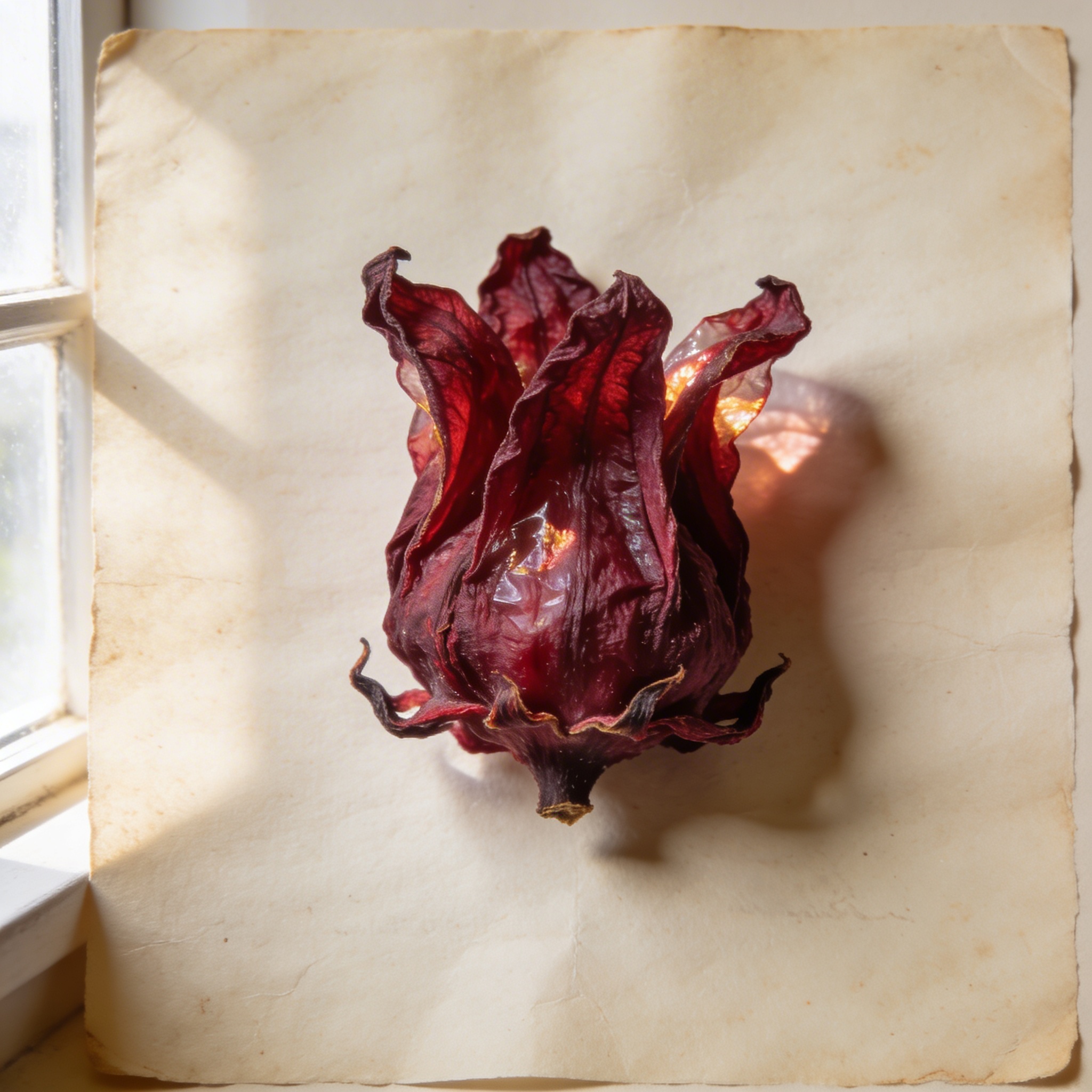 Dried hibiscus calyx specimen on cream paper, deep crimson-burgundy