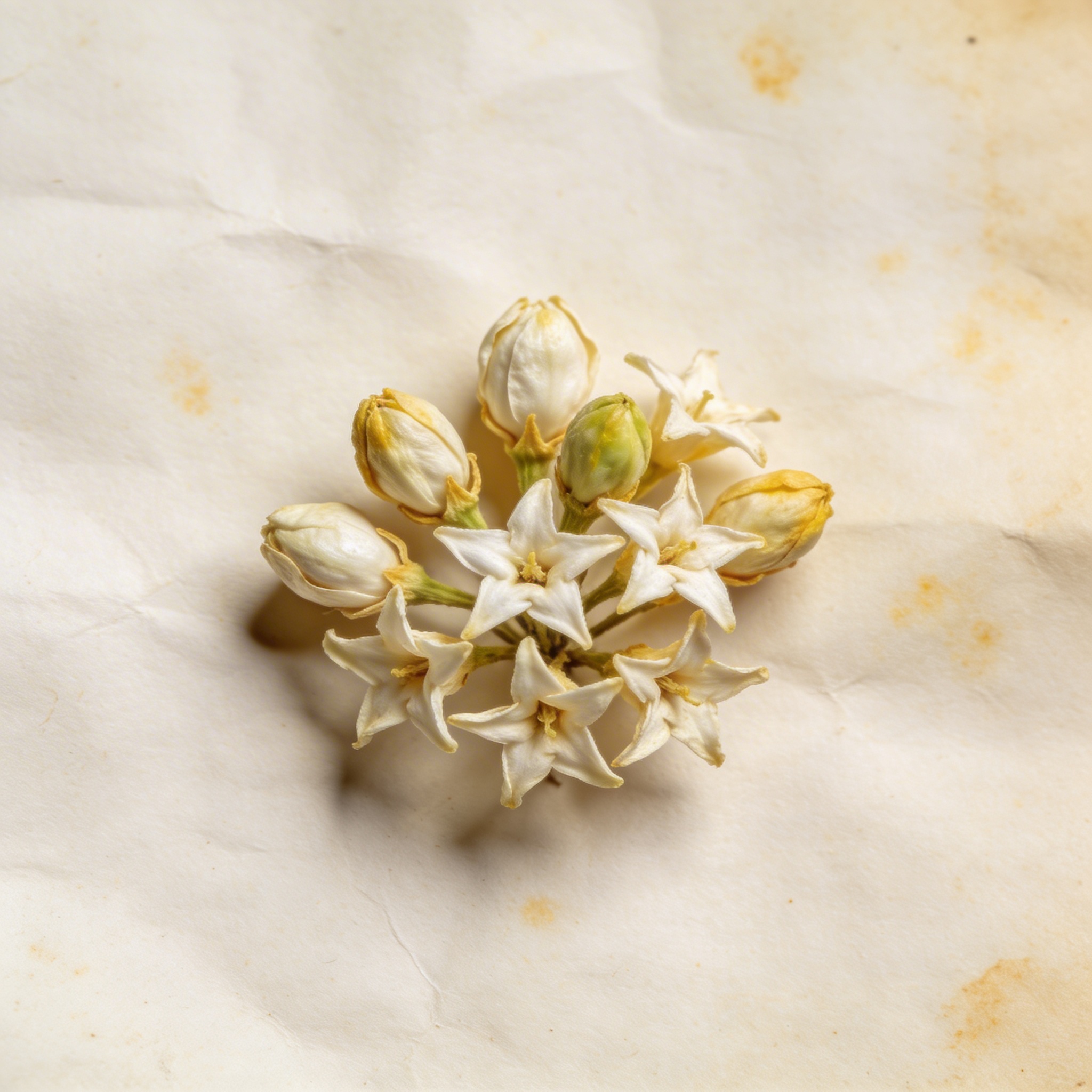 Dried mogra jasmine buds on cream paper, ivory-cream