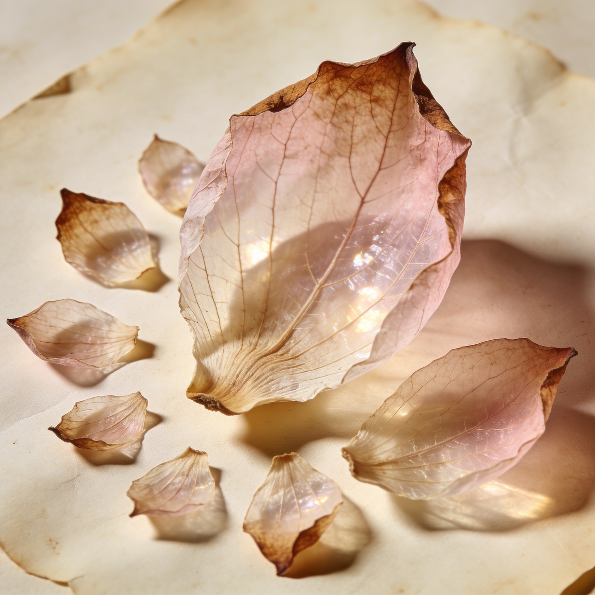 Dried sacred lotus petals on cream paper, papery pale pink