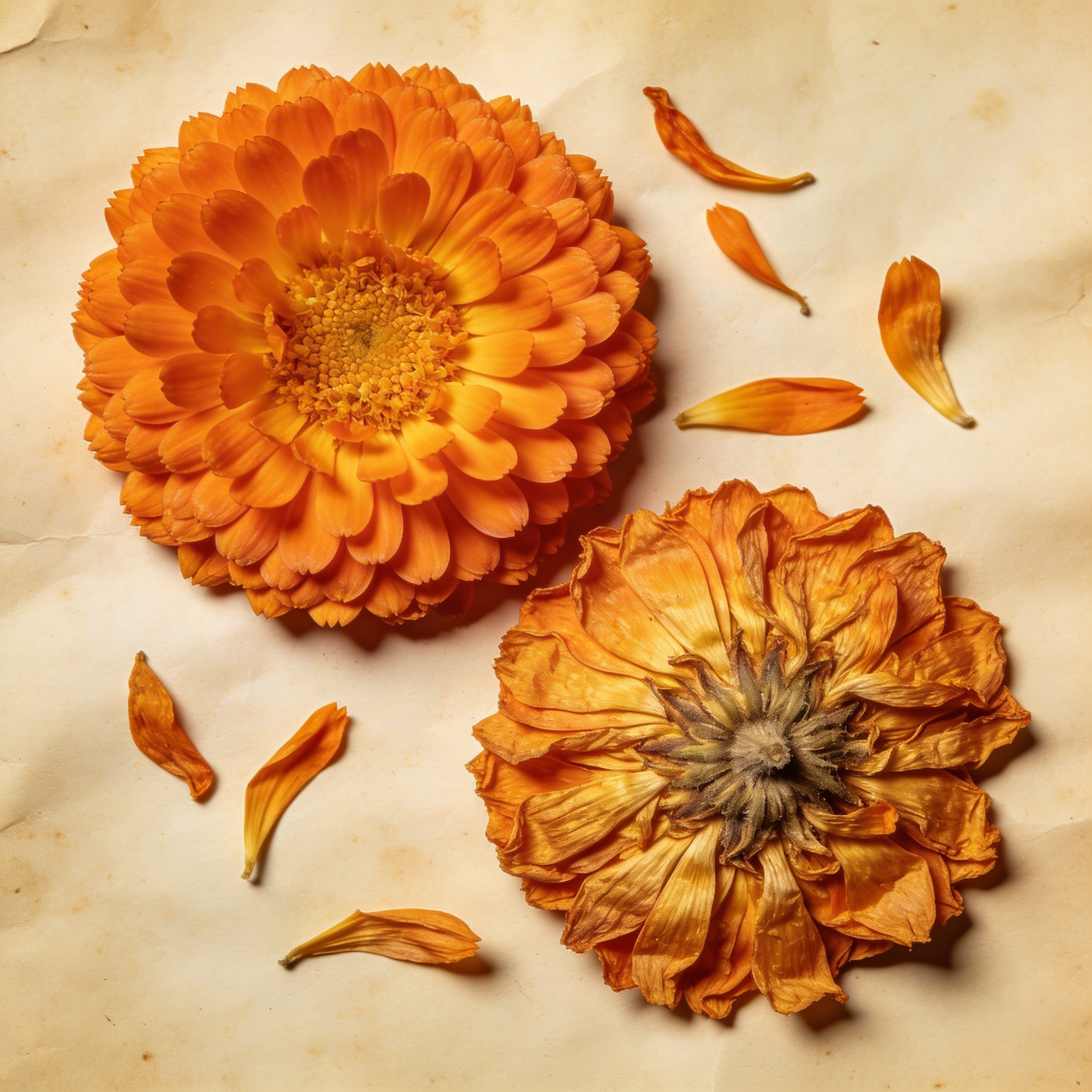 Dried calendula marigold flower heads on cream paper, deep orange-gold