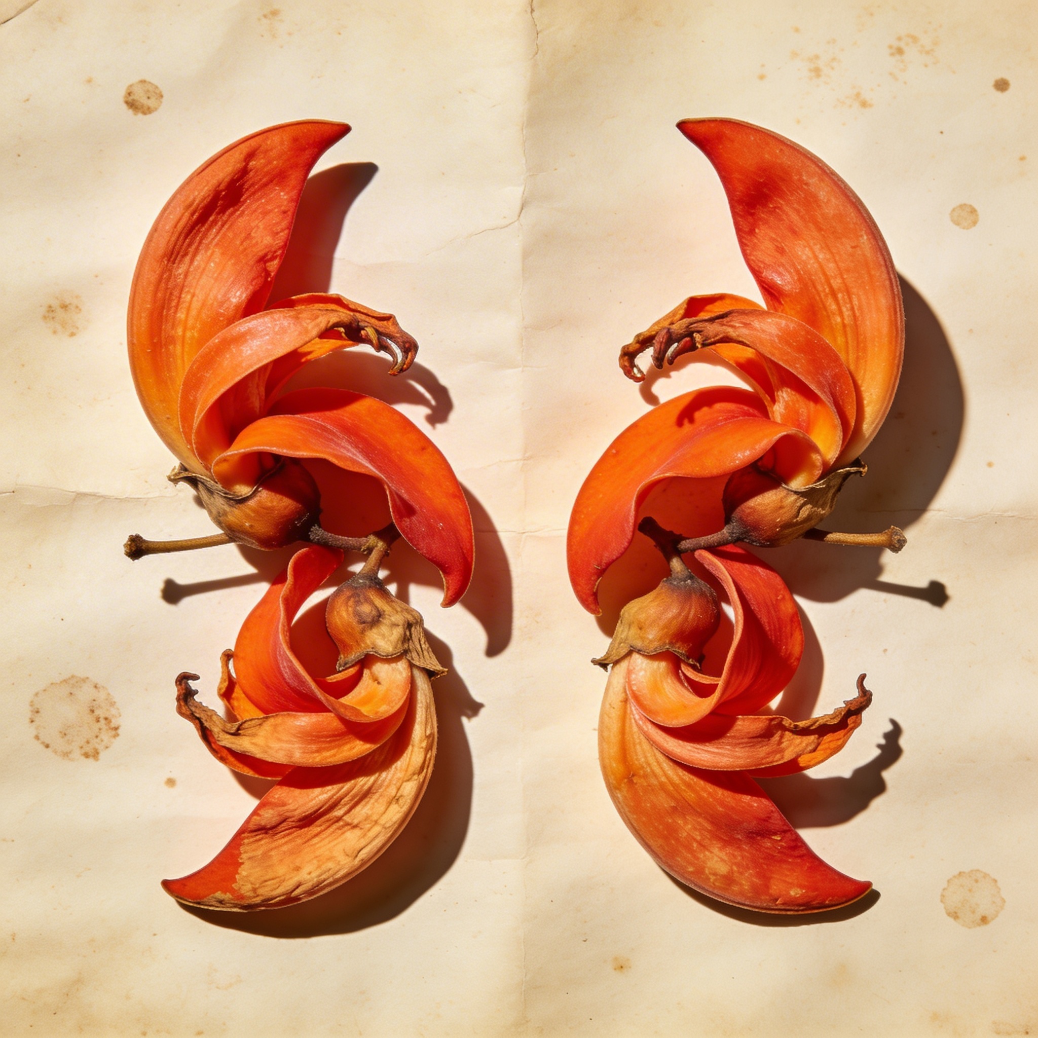 Dried Palash flame of forest flowers on cream paper, vermillion-orange