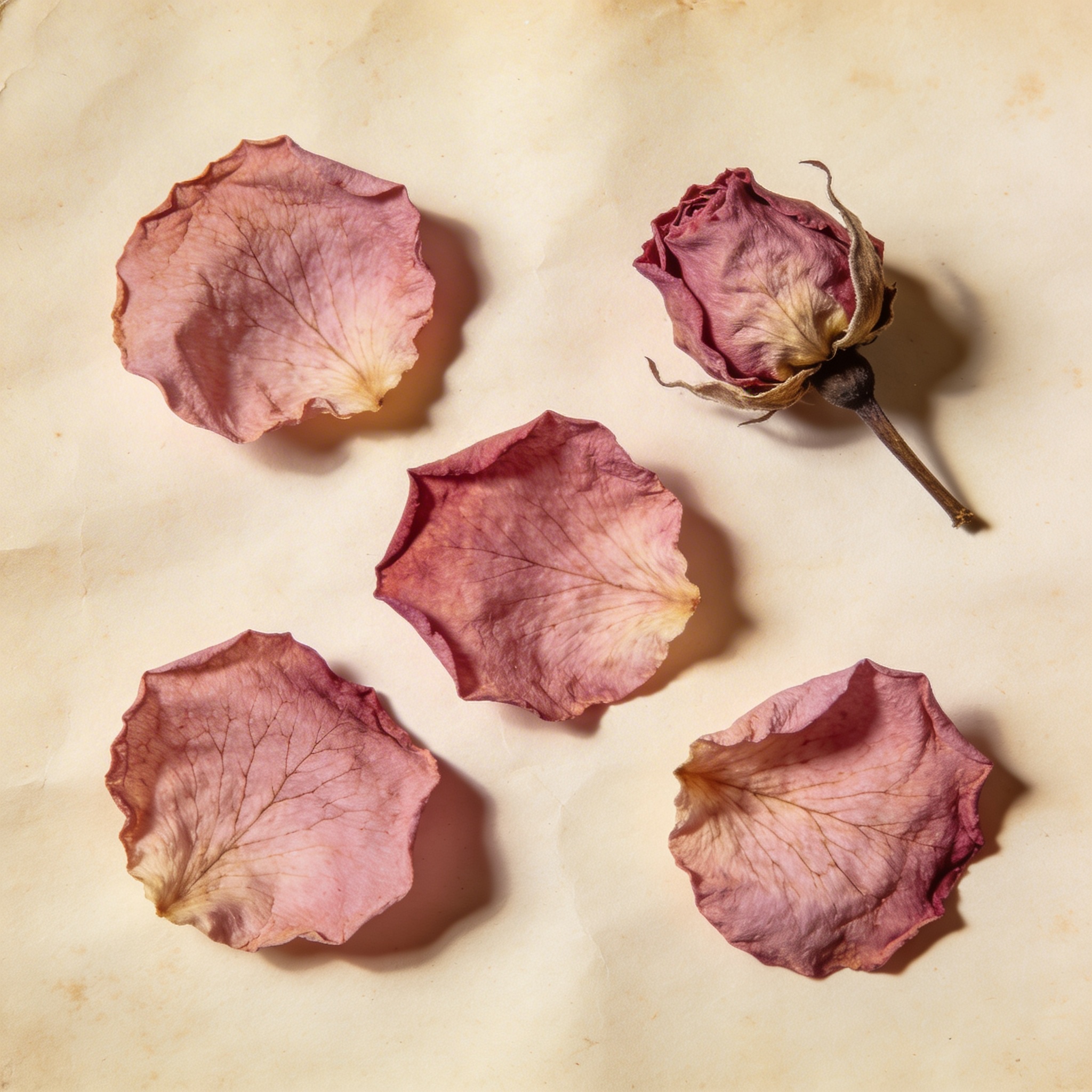 Dried Damask rose petals on cream paper, dusty pink to mauve