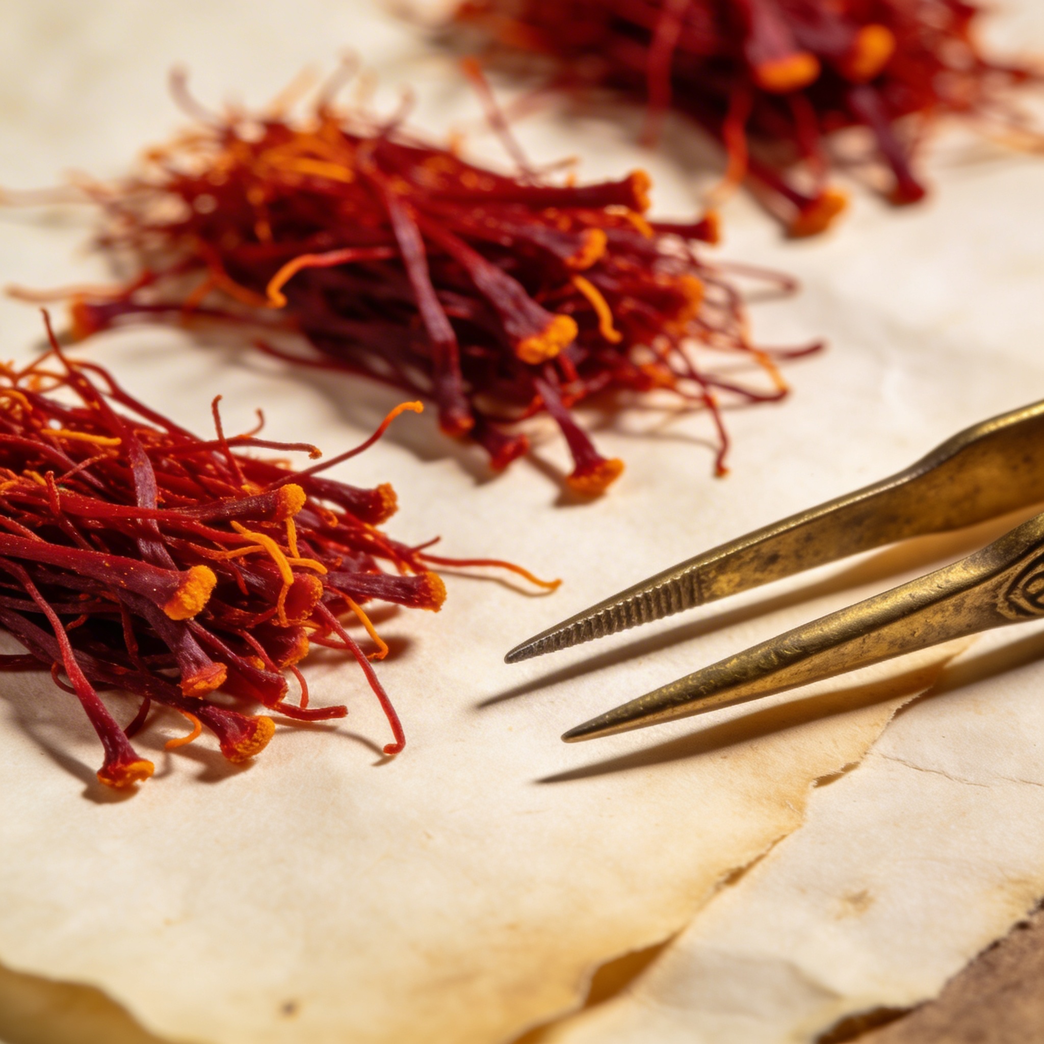 Saffron threads on cream paper, deep crimson-red with orange tips