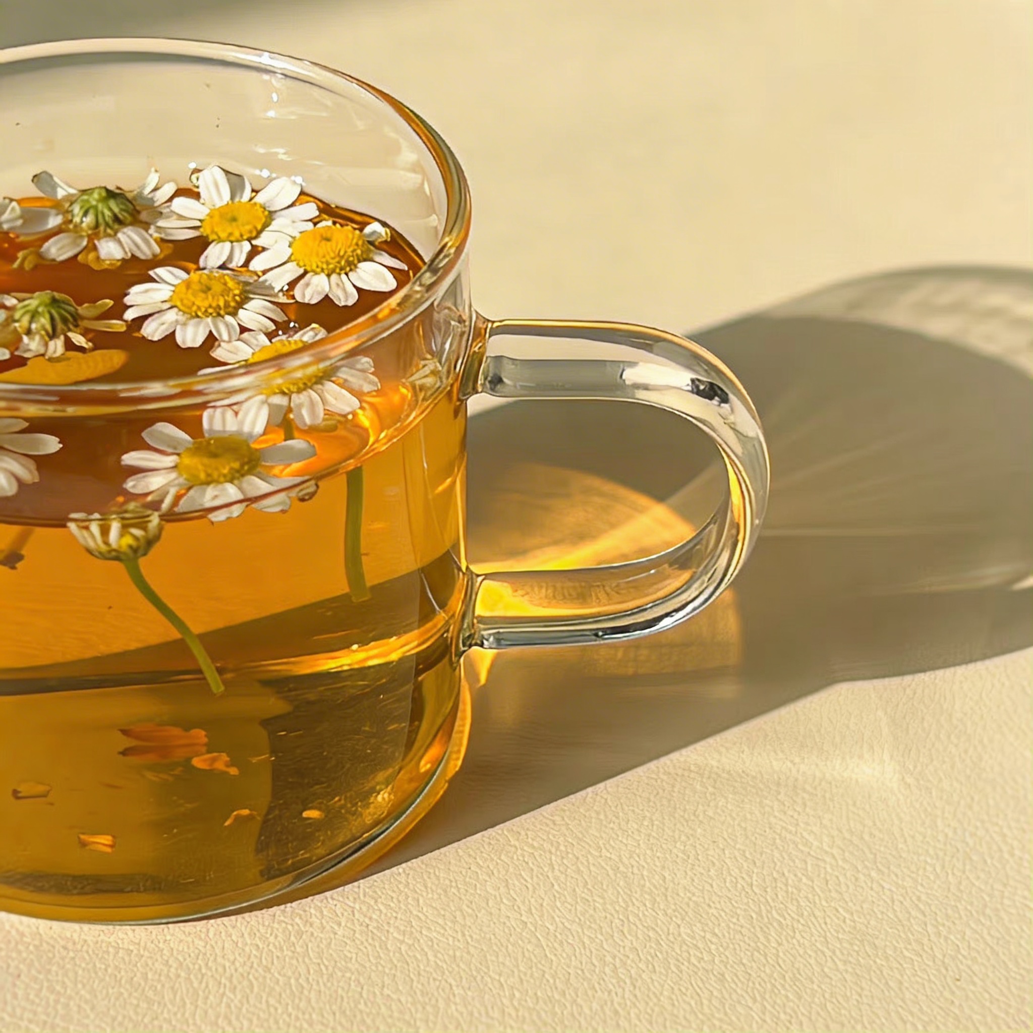 Chamomile flowers floating in golden-amber water in glass cup