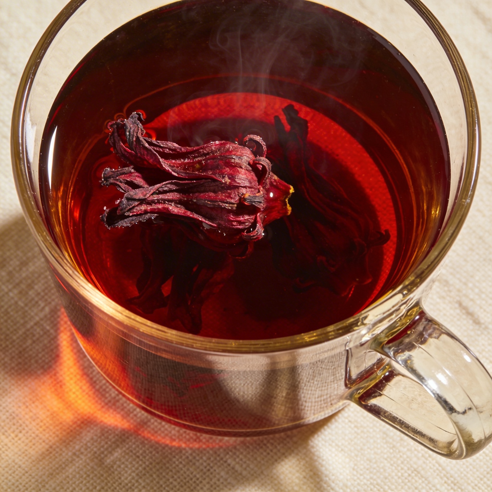Dried hibiscus steeping in glass cup, water turning deep ruby-crimson, petals unfurling