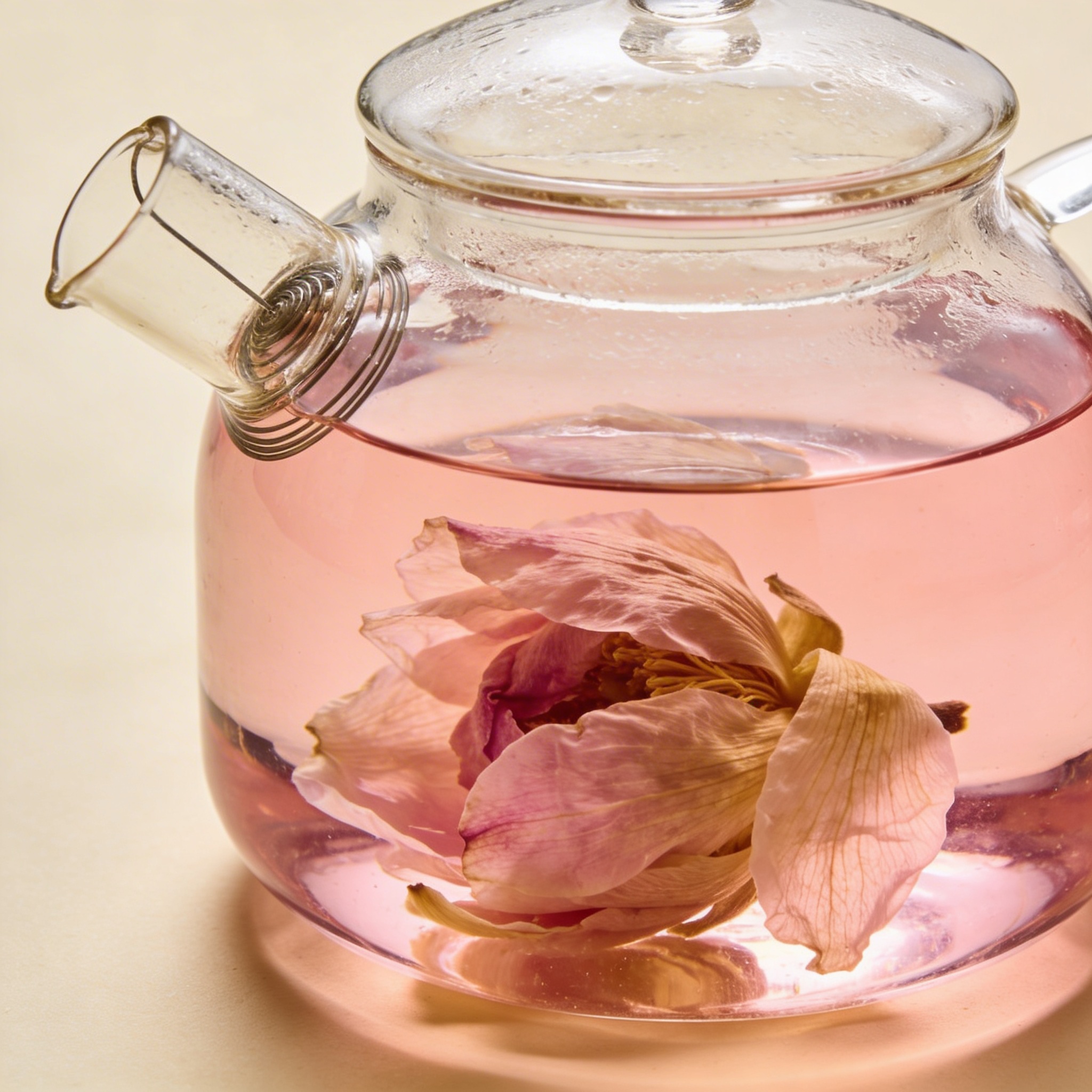Lotus petals steeping in pale pink water in a glass teapot