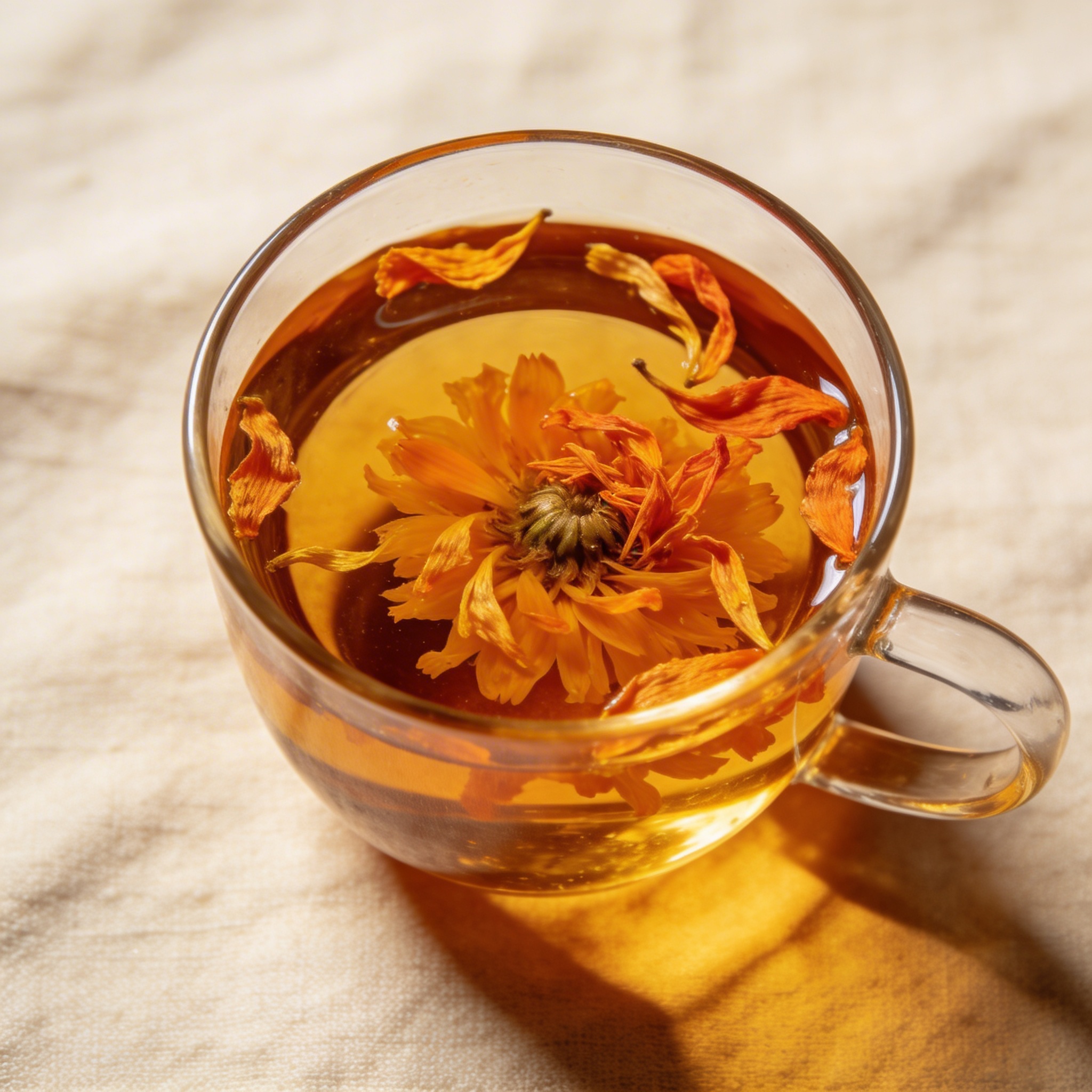 Marigold flower heads steeping in deep golden water