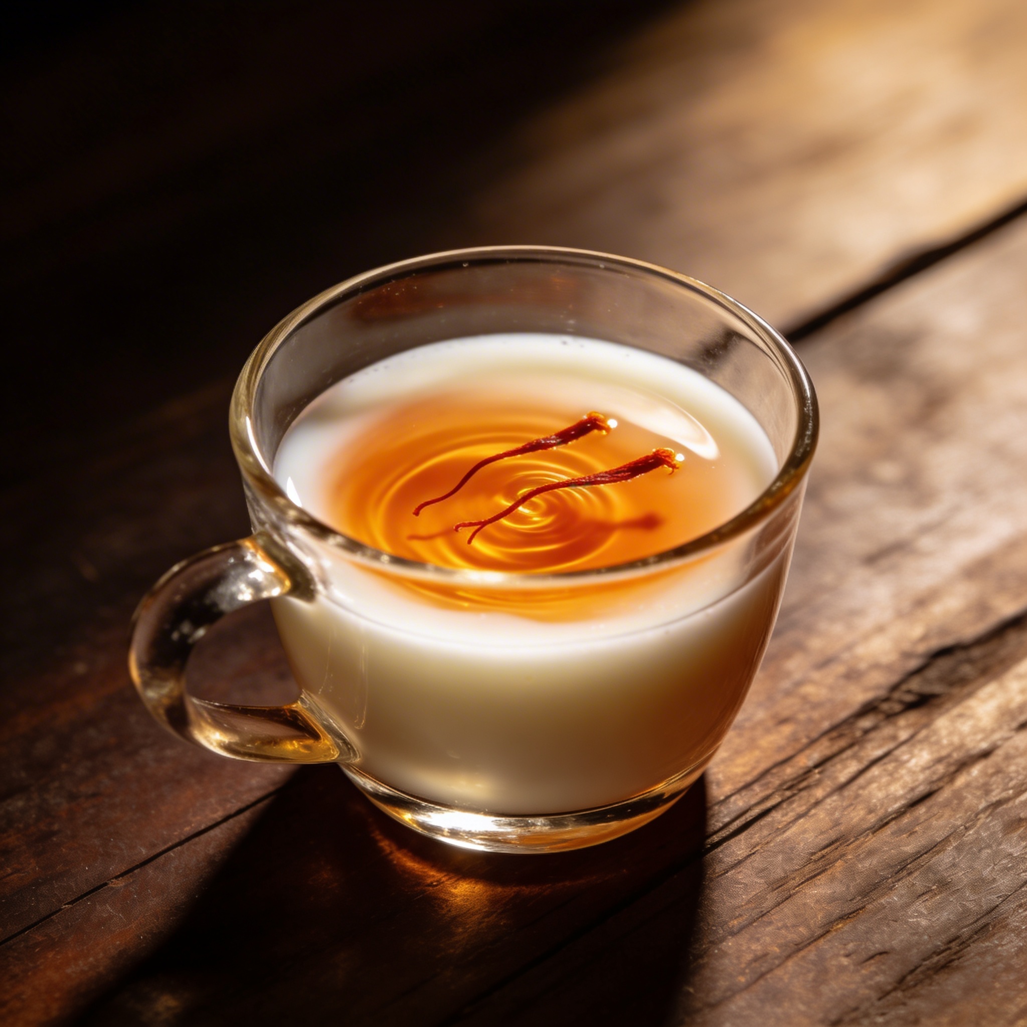 Saffron threads soaking in warm milk, releasing golden colour