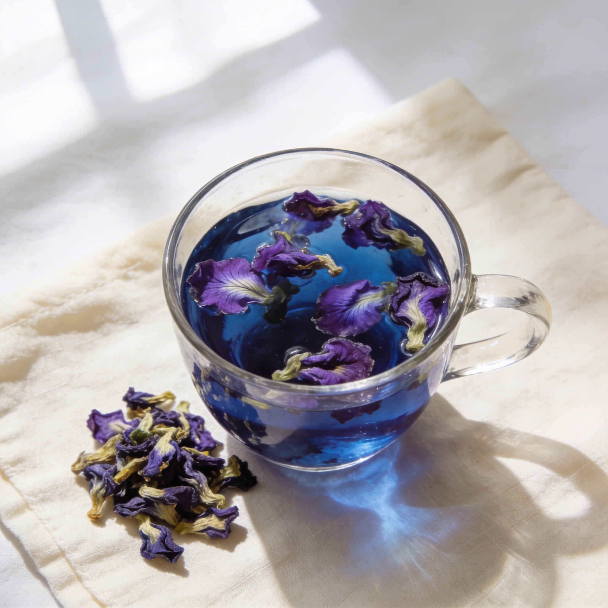 Butterfly pea flowers steeping in glass cup, water turning deep indigo blue