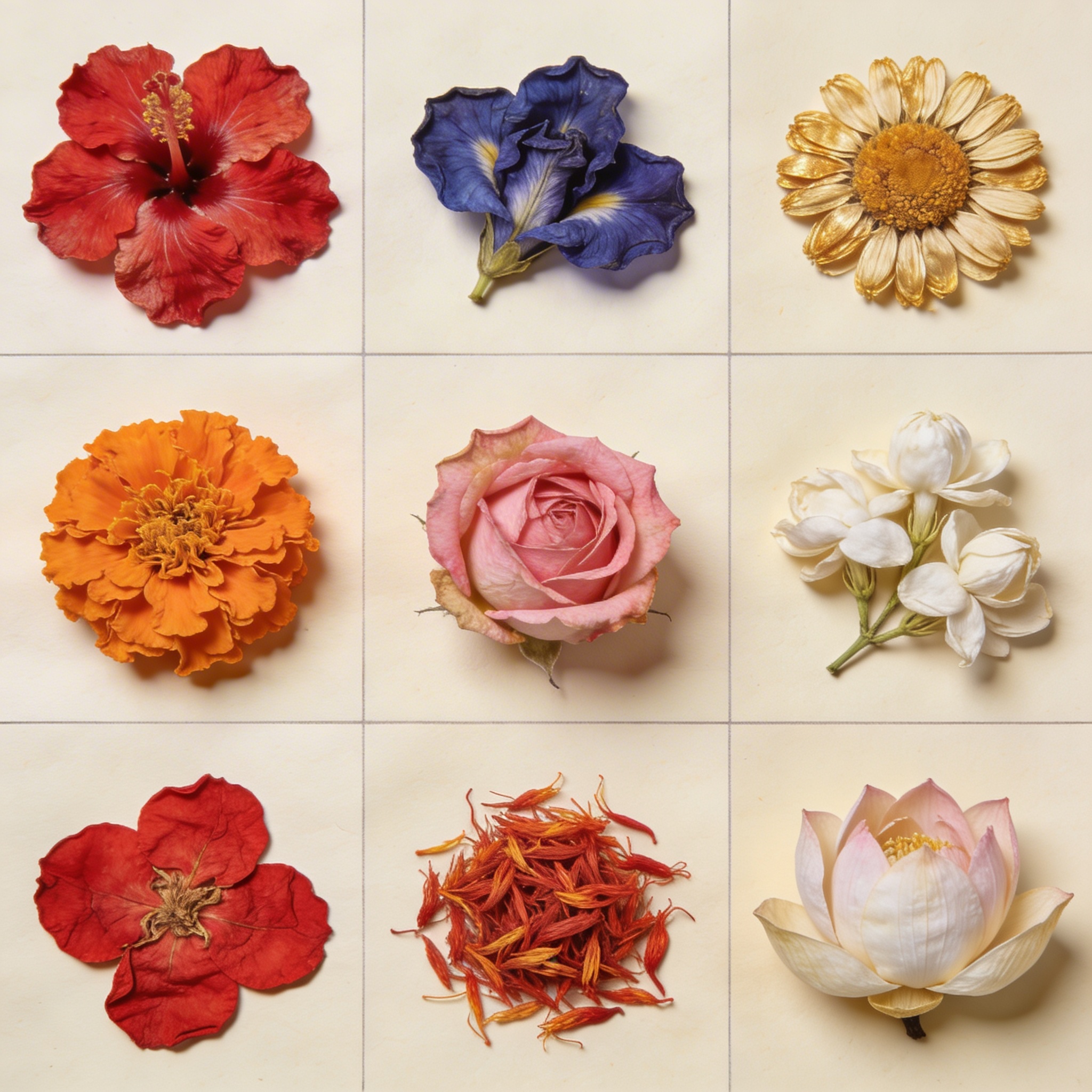 Nine dried flowers in 3x3 grid on cream paper, showing full colour range from crimson to indigo to gold